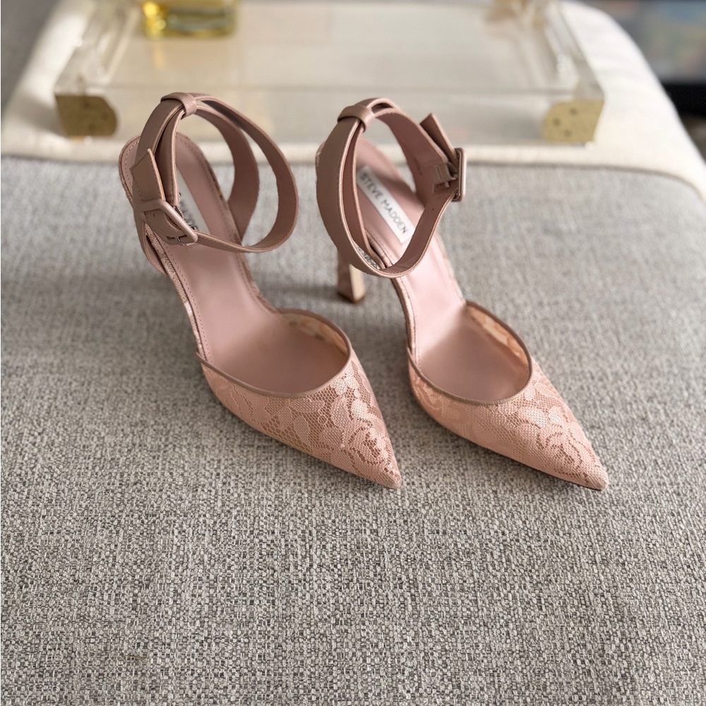 Steve Madden Lace Pointed-Toe Ankle-Strap Heels in Blush Pink